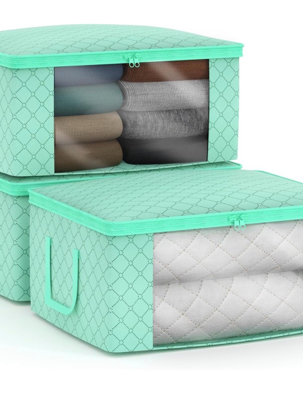 Mint Quilted Fabric Storage Boxes with Clear Window - Set of 2